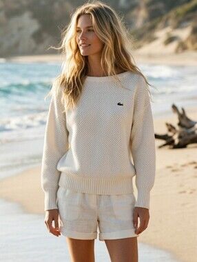 Lacoste Cotton Cream Sweater 42 Medium Large Made In France . PTP 20"